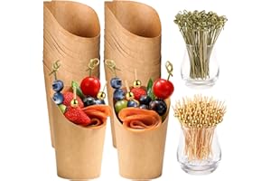 12 Oz Charcuterie Cups with Bamoo Skwers, Paper Snack Appetizer Cups with Cocktail Picks, French Fry Holder Brown Kraft, Disp