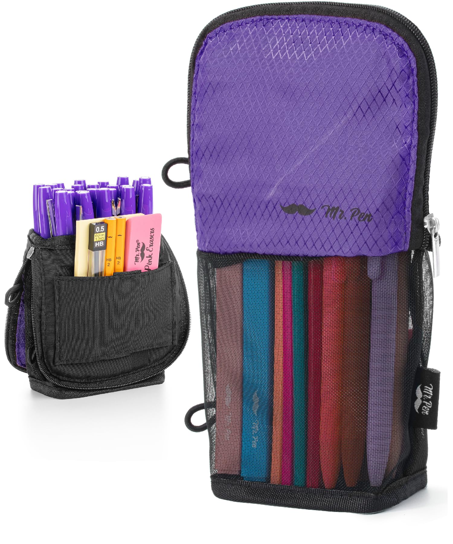 Photo 1 of Mr. Pen- Standing Pencil Case Pouch, Sit & Lay Mesh-View Design, Black & Purple, Interior Pocket & 2 Elastic Binder Loops, Cute Pencil Case for Girls and Boys