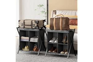 Huhote Luggage Rack for Guest Room, Set of 2, Folding Suitcase Stand with Fabric Storage Shelf, Luggage Holder, Steel Foldable Luggage Stand for Guest Room, Bedroom, Hotel, Black