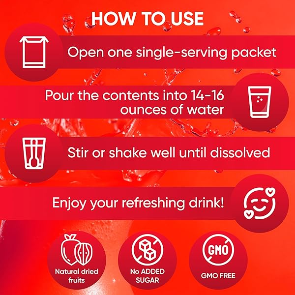 REFRESHER DRINK STRAWBERRY SPLASH – NATURAL STRAWBERRY MIX WITH REAL FRUIT PIECES – ZERO SUGAR, LOW-CALORIE, NON-GMO – HYDRATE BOOST & LIQUID HYDRATION SUPPORT – 15 PACKETS