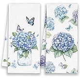 Xmsaitar Blue Hydrangea Floral Spring Kitchen Towels Set of 2, Butterfly Flower Hand Towels for Bathroom, Rustic Summer Cottagecore Decorative Dish Towels Decor for Kitchen 16x24in