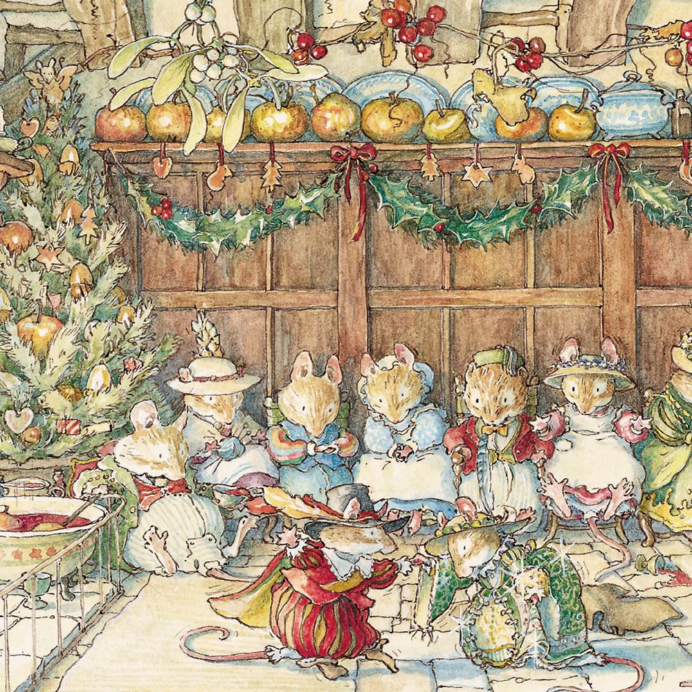 Museums & Galleries Pack of 8 Artistic Charity Christmas Cards - 'Gathered Around The Hearth' - Illustration of Mice Dancing, multi, 160 x 160 mm
