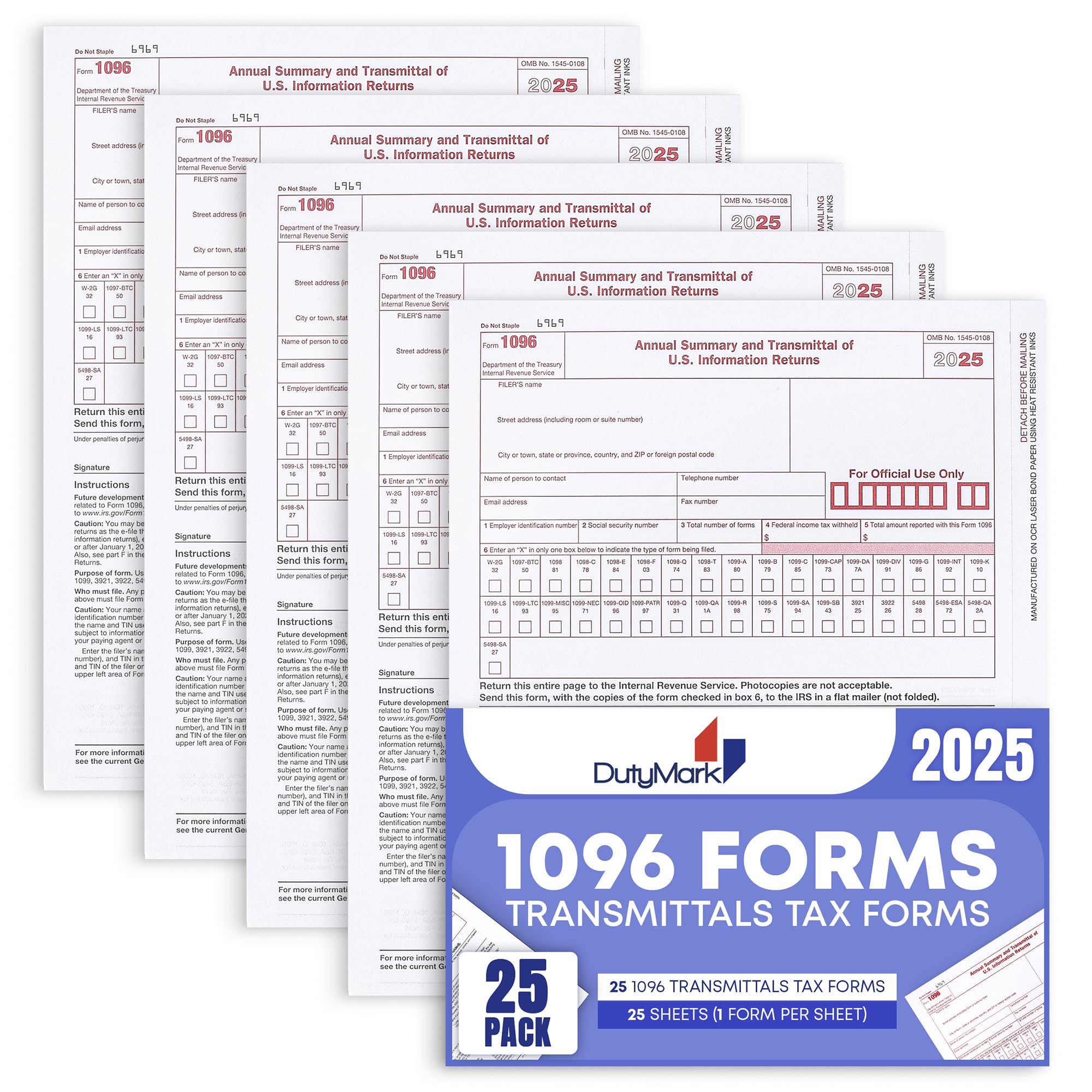 Photo 1 of 1096 Transmittal Tax Forms 2025, 25 Pack of 1096 Summary Laser Tax Forms, Compatible with QuickBooks and Accounting Software, Use for 1099 NEC, MISC, INT, and Other 1099 Forms