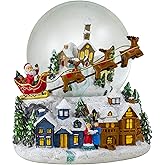 Santa w/Reindeer Flying Over Village Snow Globe by The San Francisco Music Box