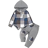 Fommy Baby Boy Clothes Flannel Plaid Outfits Long Sleeve Hoodie Romper Fall Winter 2 Pcs Clothes for Boy