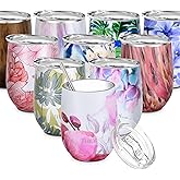 THILY Stainless Steel Insulated Wine Tumbler Stemless Wine Glass with Lid and Straw, Splash-proof, Cute Travel Cup for Coffee, Cocktails, Gifts for Women, Her, Wife, Lotus Flower