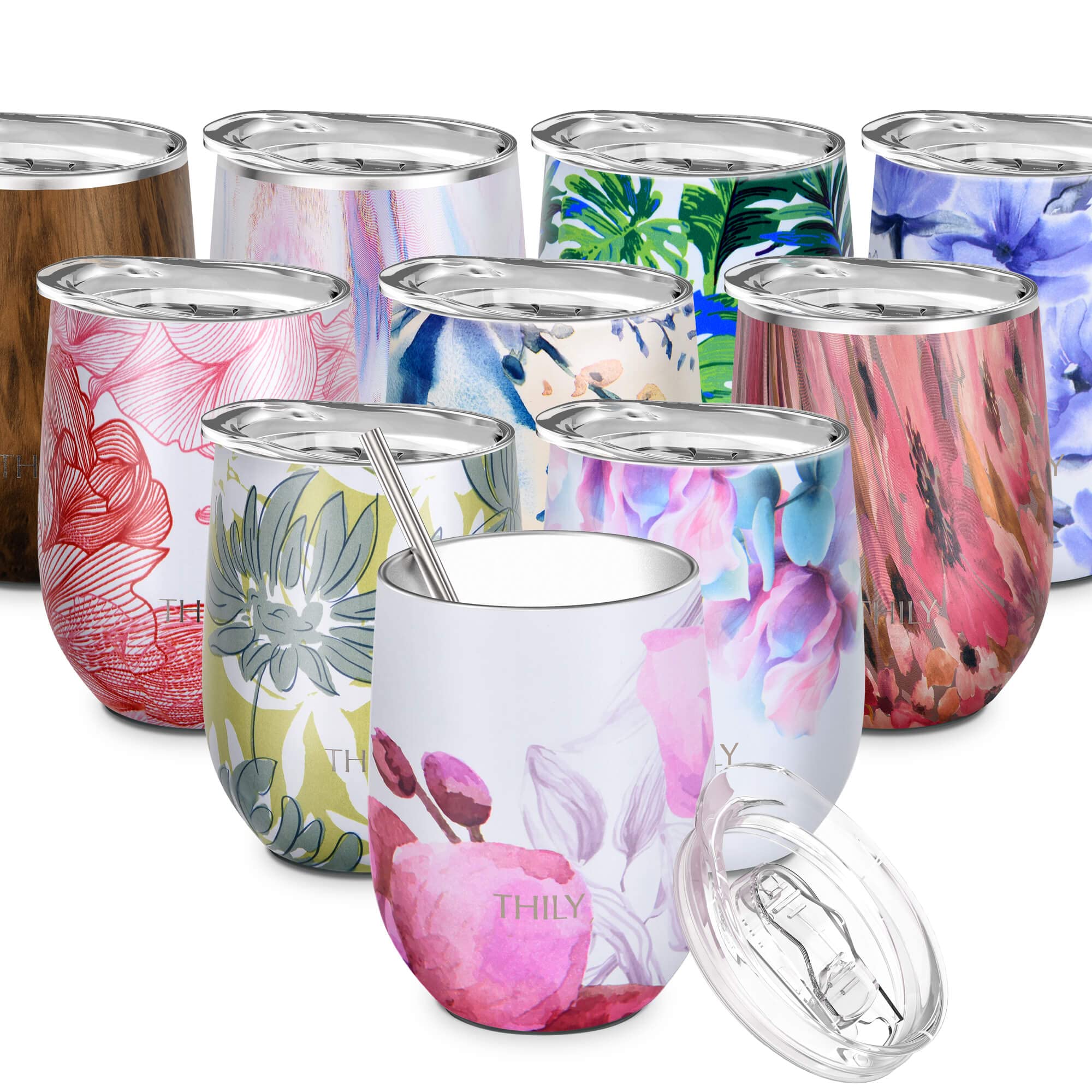 THILY Stainless Steel Insulated Wine Tumbler Stemless Wine Glass with Lid and Straw, Splash-Proof, Cute Travel Cup for Coffee, Cocktails, for Women, Mother, Wife, Girls, Lotus Flower