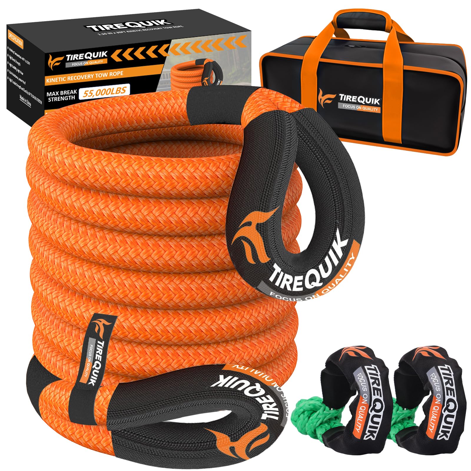View 1 of Kinetic Recovery Rope 1.26" x 30ft 55000lbs Heavy Duty Offroad Snatch Strap with 2 Soft Shackles, Kinetic Tow Rope Recovery Kit, 35% Elasticity Tow Ropes for Trucks SUV UTV ATV Tractor