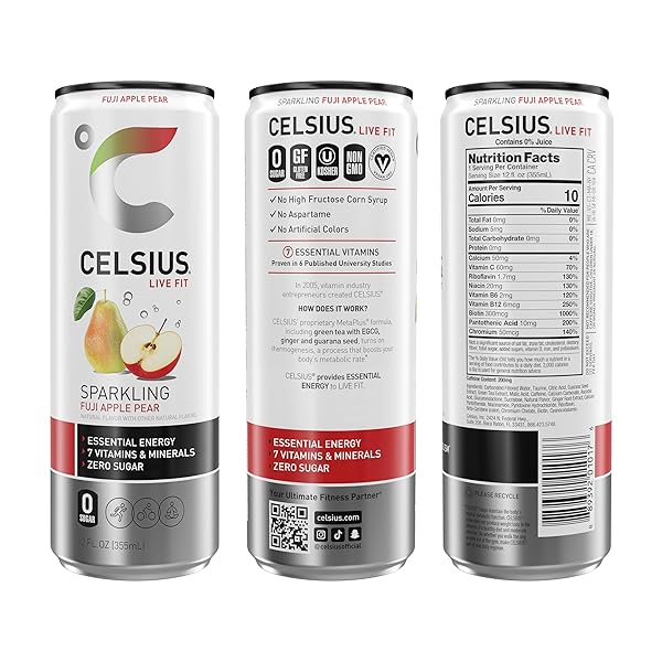 CELSIUS SPARKLING FUJI APPLE PEAR, FUNCTIONAL ESSENTIAL ENERGY DRINK 12 FL OZ (PACK OF 12)