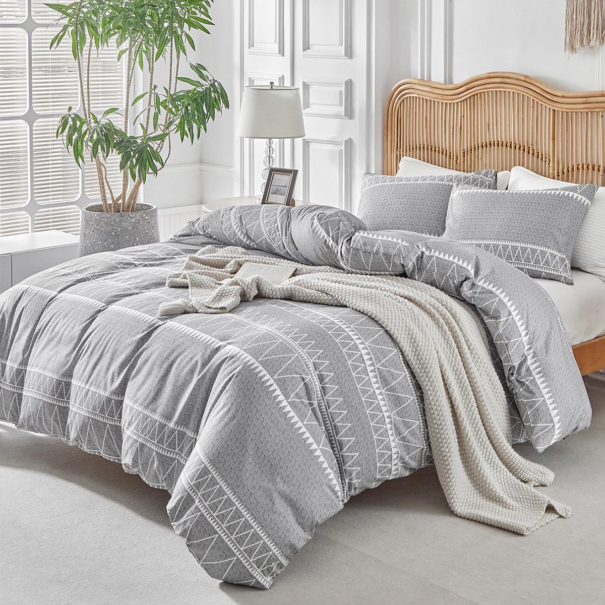 Lekesky Grey Single Duvet Cover Set Bedding Sets - Boho Stripe Printt Single Duvet Cover with Pillowcase Ultra-Soft Microfiber Grey Bedding Sets