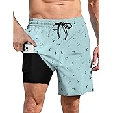 Lzzidou Men Swim Trunks with Compresssion Liner 7 Inch Inseam Board Shorts Bathing Suit with Zipper Pockets