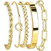 Gokeey Gold Bracelets Set for Women Non Tarnish, 14K Gold Plated Sterling Silver Chunky Cuff Bracelet Stackable Gold Bangles Bracelet for Women Trendy Fashion Accessories Tie Knot Cuban Rope Paperclip Beaded Bracelet Stack Jewelry Valentines Day Gifts
