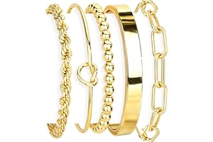 Gokeey Gold Bracelets for Women Non Tarnish, 14K Gold Plated Chunky Cuff Bracelet Gold Bangles Bracelet for Women Trendy Tie Knot Cuban Rope Paperclip Beaded Bracelet Stack Jewelry Stocking Stuffer Gifts Fashion Accessories