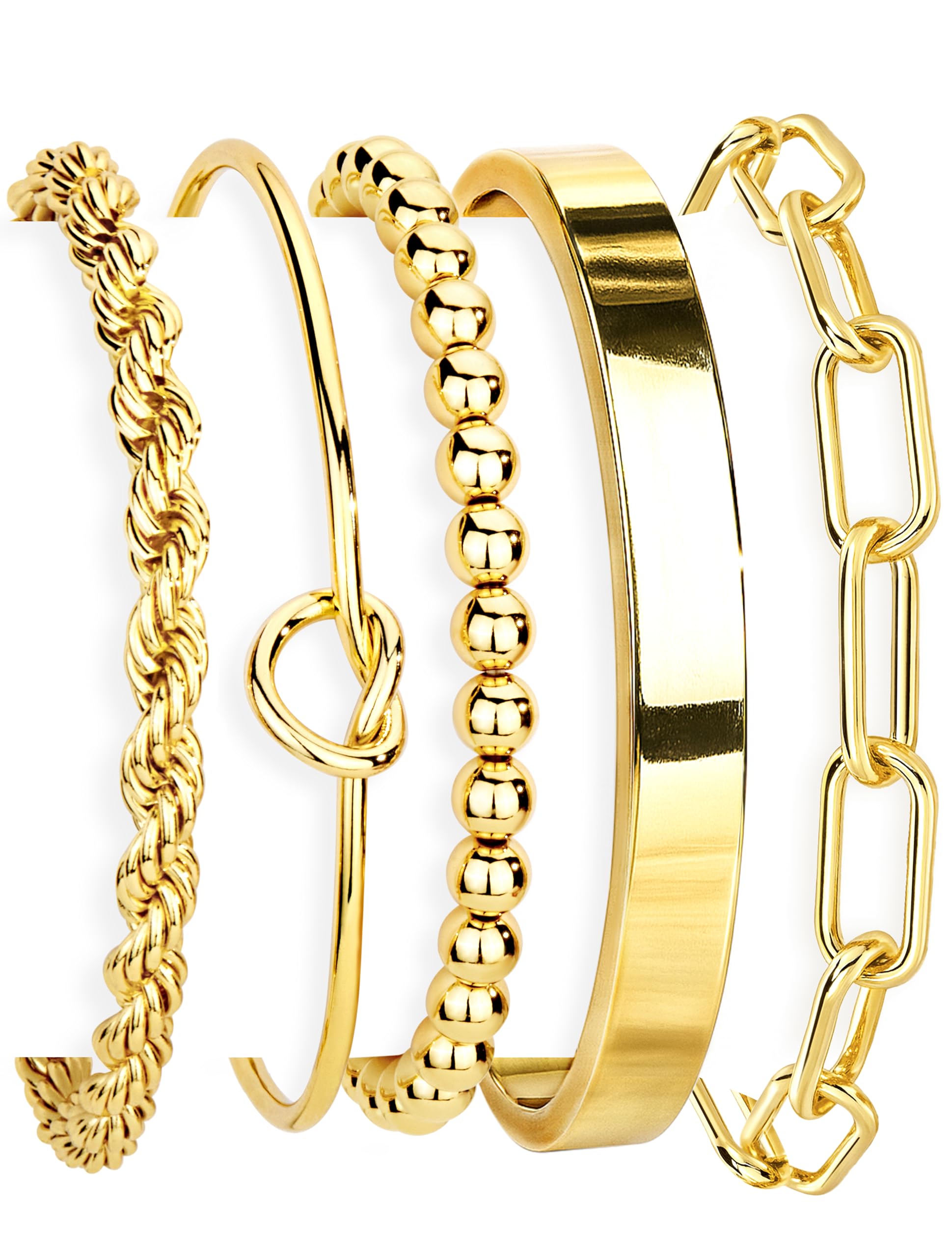 Gokeey Christmas Gold Bracelets for Women Non Tarnish, 14K Gold Plated Chunky Cuff Bracelet Stackable Gold Bangles Bracelet for Women Trendy Tie Knot Cuban Rope Paperclip Beaded Bracelet Stack Jewelry Stocking Stuffer Gifts Fashion Accessories