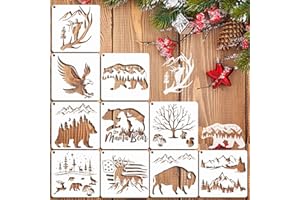 HOSOMONO 10 PCS Bear Deer Eagle Mountain Stencil Bison Tree Wildlife Forest Animal Stencils Template Wood Burning Stencils Patterns Reusable Stencils for Painting on Wood Crafts Wall Decor (Bison)
