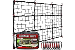 PAMAZY [Premium] 4'x6' Heavy Duty Cargo Net Stretches to 8' x 12', Extra Thick 10mm Cord Bungee Cargo Netting for Pickup Truck Bed, Roof Rack Net & 12 PCS Steel Carabiners