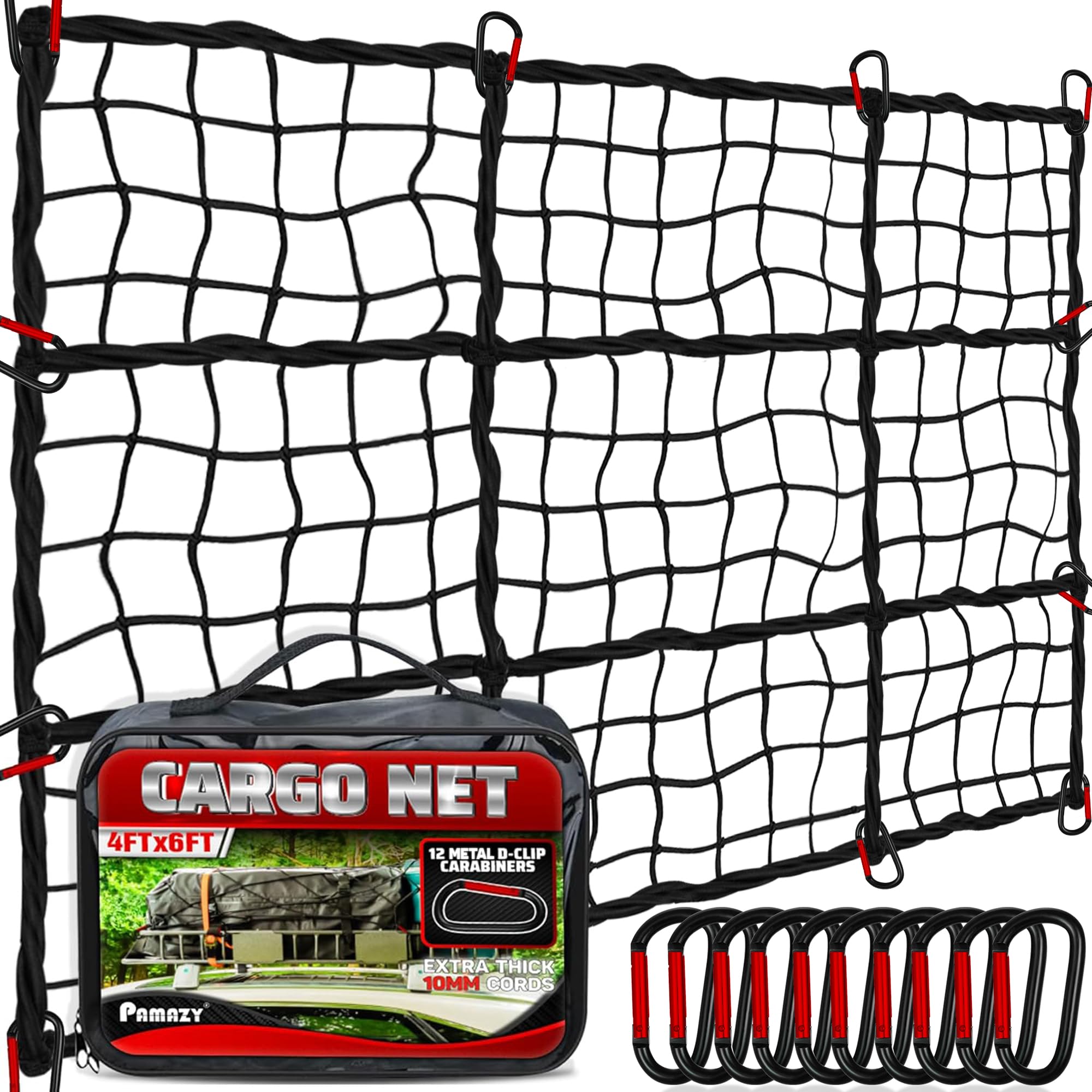 Photo 1 of [Premium] 4'x6' Heavy Duty Cargo Net Stretches to 8' x 12', Extra Thick 10mm Cord Bungee Cargo Netting for Pickup Truck Bed, Roof Rack Net & 12 PCS Steel Carabiners