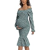 Maternity Spring Floral Midi Bodycon Dresses, Long Puff Sleeve Square Neck Ruffle Hem Mermaid Baby Shower Dress Dark Green M