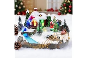 Doyosh Christmas Village Houses Musical Lighted Christmas Collectible Buildings Decoration with Spinning Christmas Tree & 8 M