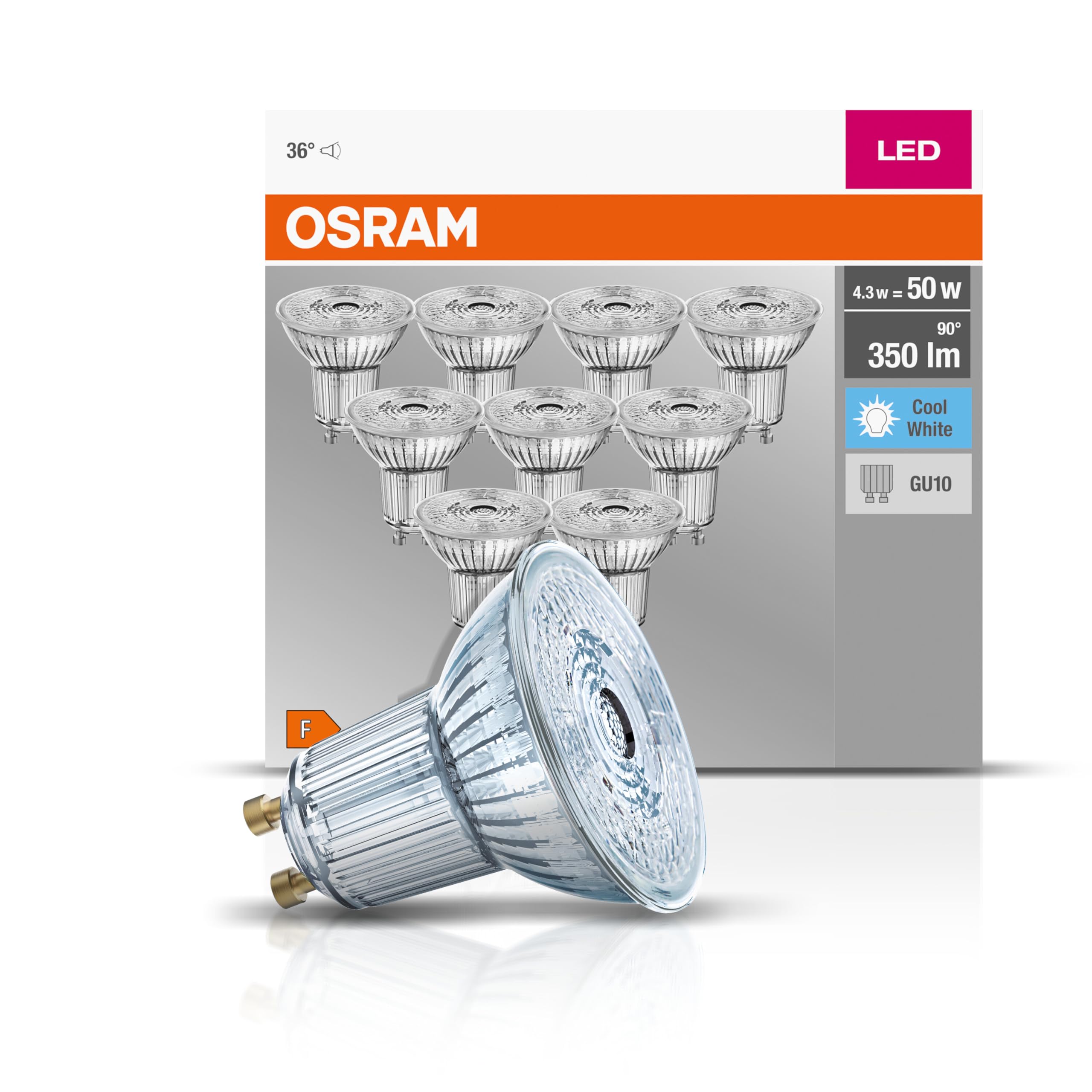 OSRAM LED Base PAR16 / LED-Reflectorlamp with GU10-base / not dimmable / replacement for 50 Watt / 36° beam angle/ cool white - Kelvin / 10 pack