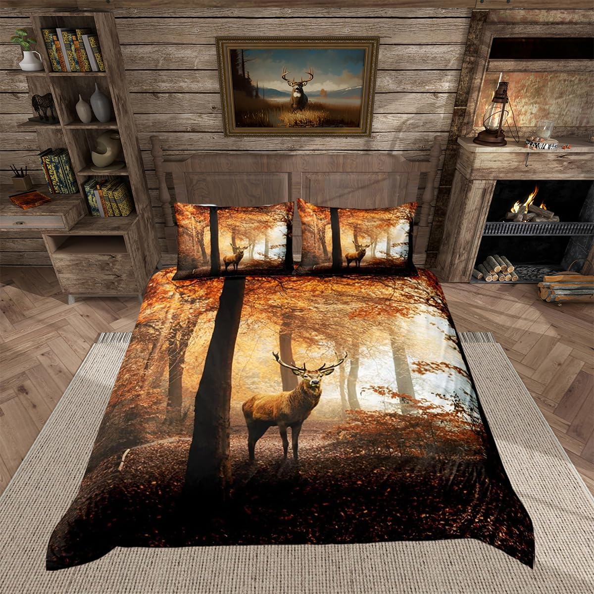 Deer Duvet Cover Hunting Wild Animal Bedding Set Autumn Jungleative Comforter Cover for Boys Girls Kids Natural Woodland Scene Bedding & Linen Single Size