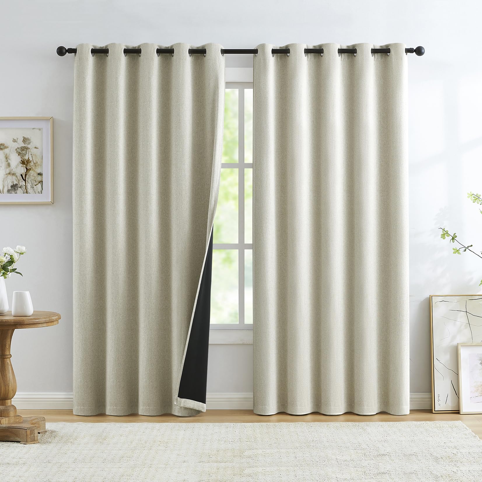 Treatmentex Natural Beige Full Blackout Window Curtain Panels 54 inches Long Burlap Linen Textured, Short Thermal Insulated Burlap Linen Bedroom Drapes Thermal Insulated Winter Curtains 60"x54"x2