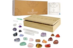 Elementao Chakra Crystals and Healing Stones – 25 Polished and Raw Gemstones and Storage Bag, Fluorite Wand and 2 Selenite Wands, Quartz Point and Engraved Wooden Box, Natural Crystal Set for
