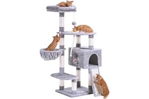 Heybly Cat Tree, Cat Tower for Indoor Cats with Scratching Board, Multi-Level Cat Furniture Condo with Feeding BowlLight Gray HCT010W