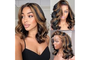 Afribye 13x6 Highlight Body Wave Lace Front Wigs Human Hair 200% Density FB/30 Ombre Frontal Wigs Human Hair Pre Plucked Short Wigs for Black Women Glueless Balayage HD Lace Wig Loose Wavy 14 inch
