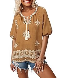 Chvity Peasant Blouses for Women Dressy Tie Front