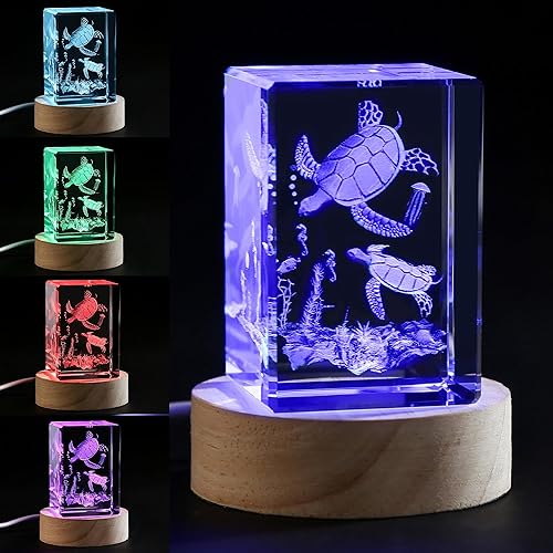 YouerCrystal 3D Sea Turtles Crystal Laser Engraved with Stand, 3D Turtle Figurine Night Light, Sea Turtle Gifts for Women Kids, Valentines Anniversary Birthday Sea Turtle Decor
