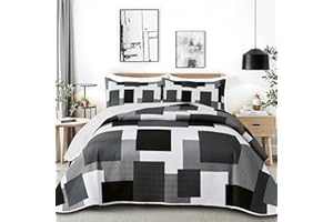 Tyrot 3 Piece Black Grey Quilt Set Full/Queen Size Black White Geometric Reversible Bedding Set Microfiber Lightweight Bedspread Coverlet with 2 Shams Modern Bed Covers for All Season, 90''x96''