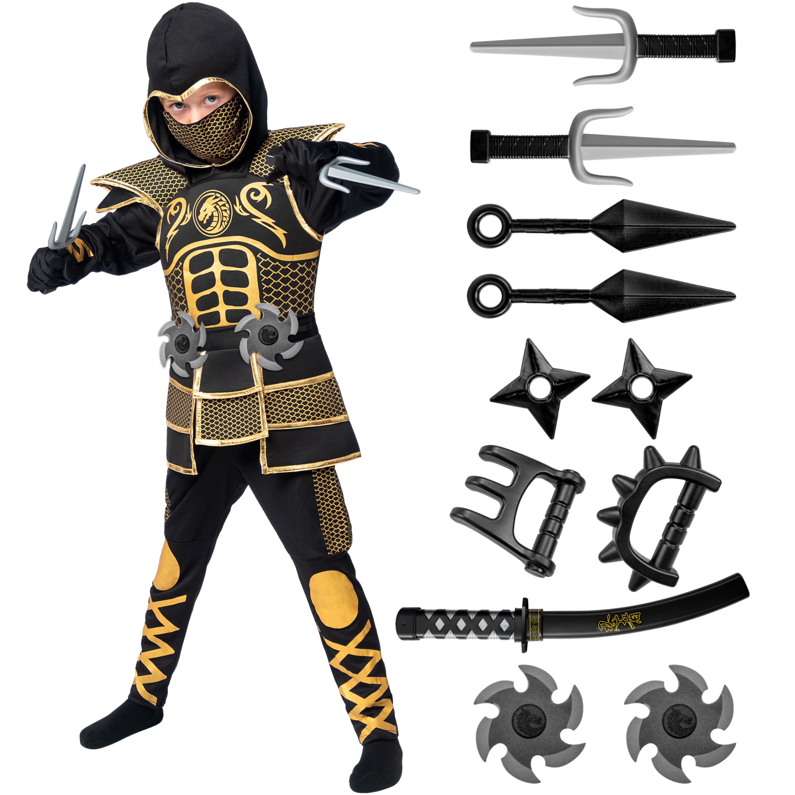 Photo 1 of Spooktacular Creations Golden Ninja Costume for Boys, Kids Ninja Costume Outfit Set with Golden Armor and Patterns for Halloween Ninja Costume Dress Up Party-3T