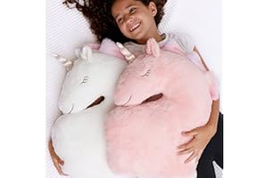 Perfectto Design Set of 2 Decorative Unicorn Pillows for Girls Kids Bed Room - White Pink Fluffy Plush for Baby Girl, Cute Throw Pillows Bedroom Décor, Teepee