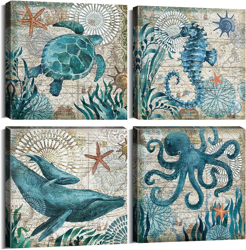 Wall Décor - Bathroom Wall Art Beach Decor Ocean Sea Turtle Octopus Canvas Pictures Coastal Room Decor Teal Nautical Bathroom Accessories Vintage Whale Seahorse Poster Painting Bedroom Home Decorations 12x12” 4Pcs
