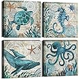 Bathroom Wall Art Beach Decor Ocean Sea Turtle Octopus Canvas Pictures Coastal Room Decor Teal Bathroom Accessories Vintage Whale Seahorse Poster Modern Nautical Painting Bedroom Home Decorations