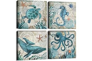 YOOOAHU Bathroom Wall Art Beach Decor Ocean Sea Turtle Octopus Canvas Pictures Coastal Room Decor Teal Bathroom Accessories Vintage Whale Seahorse Poster Modern Nautical Painting Bedroom Home Decorations