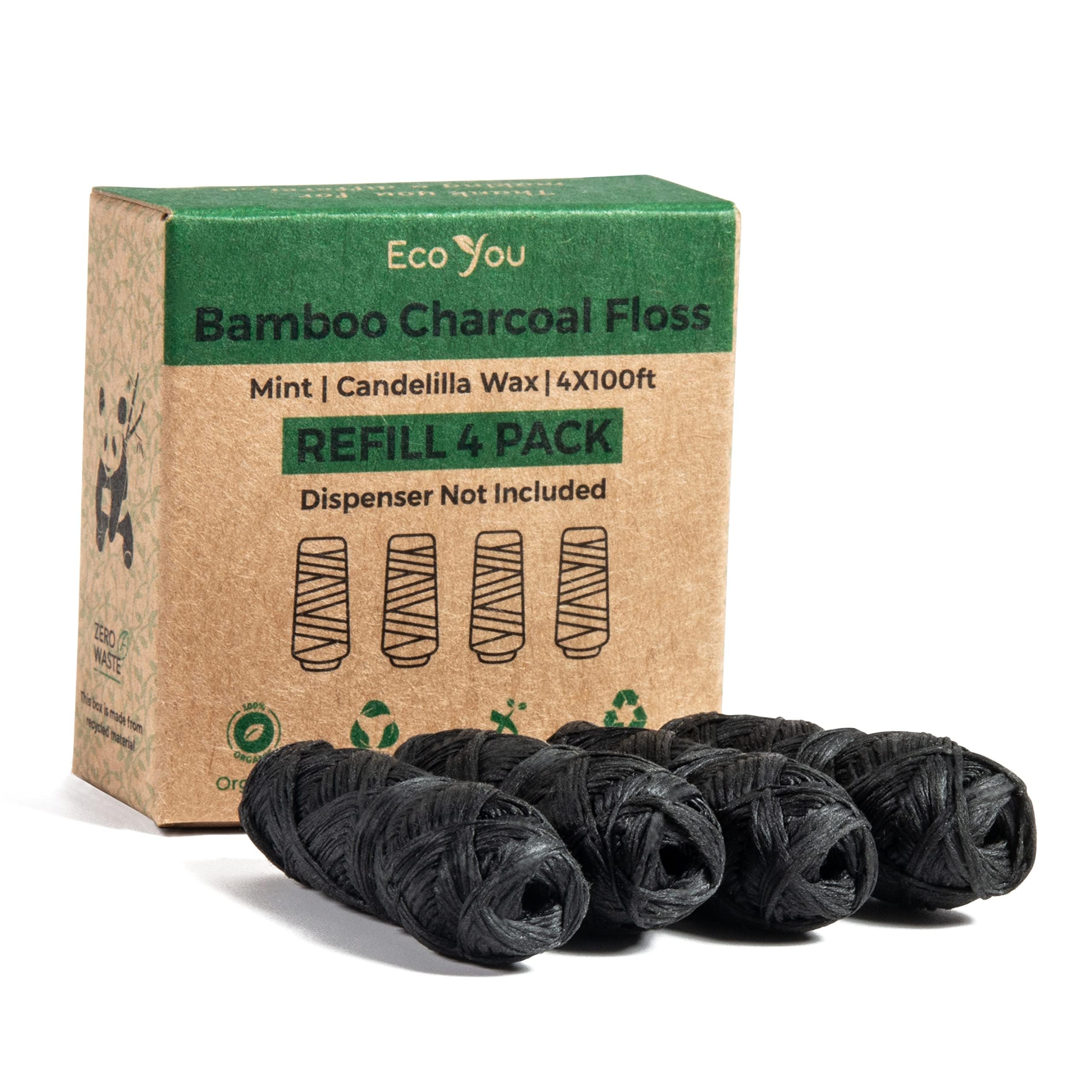 EcoYou Eco Floss Charcoal Dental Floss Refills | Mint & Candelilla Wax Biodegradable Floss (Black 4 Refills Only)