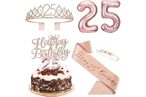 AgQrDkrc 25th birthday decorations for women,Rose gold,Include 25th Birthday Crown,Birthday Queen Sash with Pearl Pin,Cake topper,Number Candles and Balloons