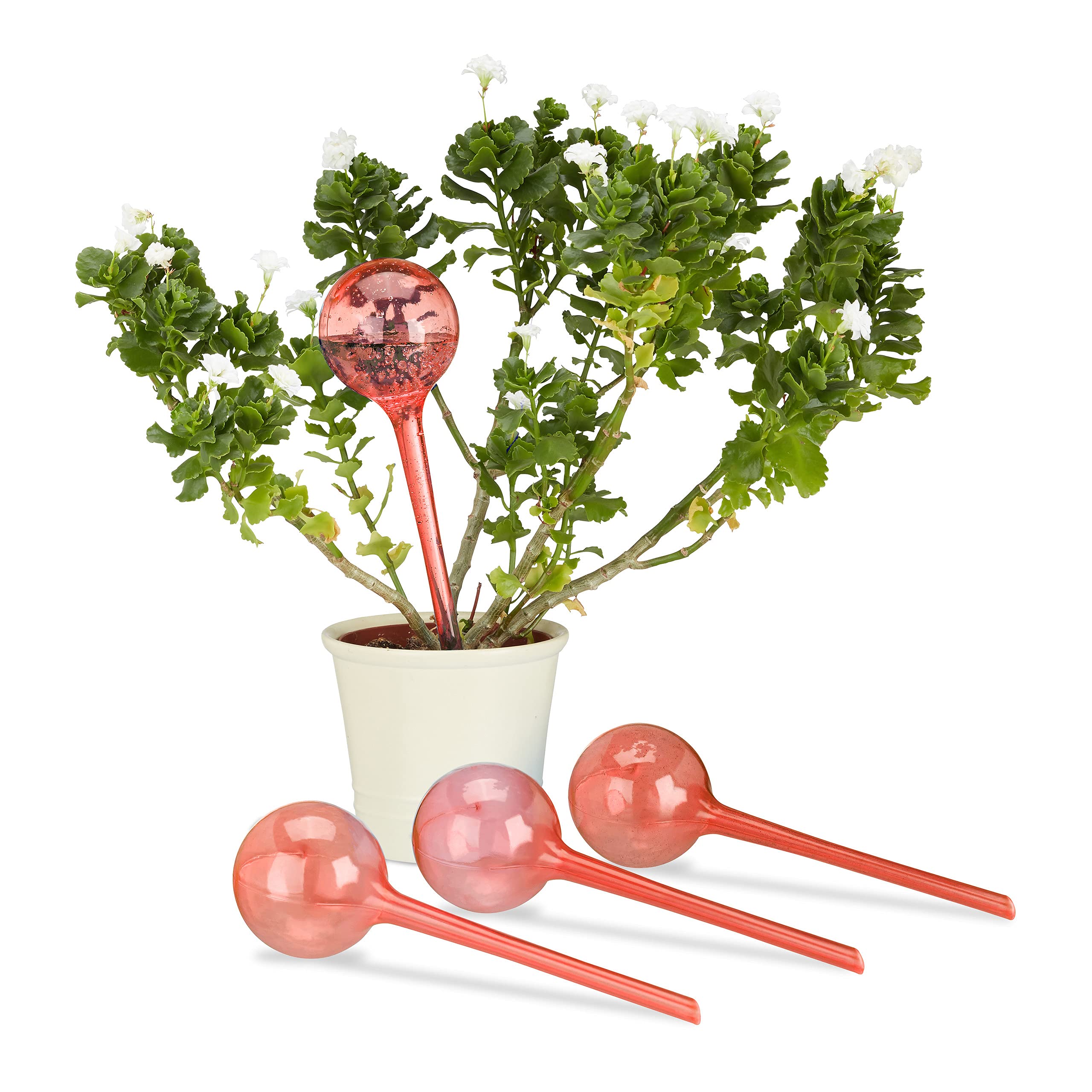 Relaxdays Watering Globes, Set of 4, Regulated Irrigation, 2 Weeks, Pot Plants, Plastic Sphere, Bulb, Red