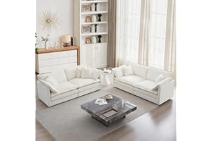 mikibama Luxury 2 Piece Sofa Set, 2 Pieces of Loveseat Sofa, Modern Chenille Comfy Cloud Couches Set for Living Room Office with 4 Armrest Pillows and 4 Toss Pillows, Beige