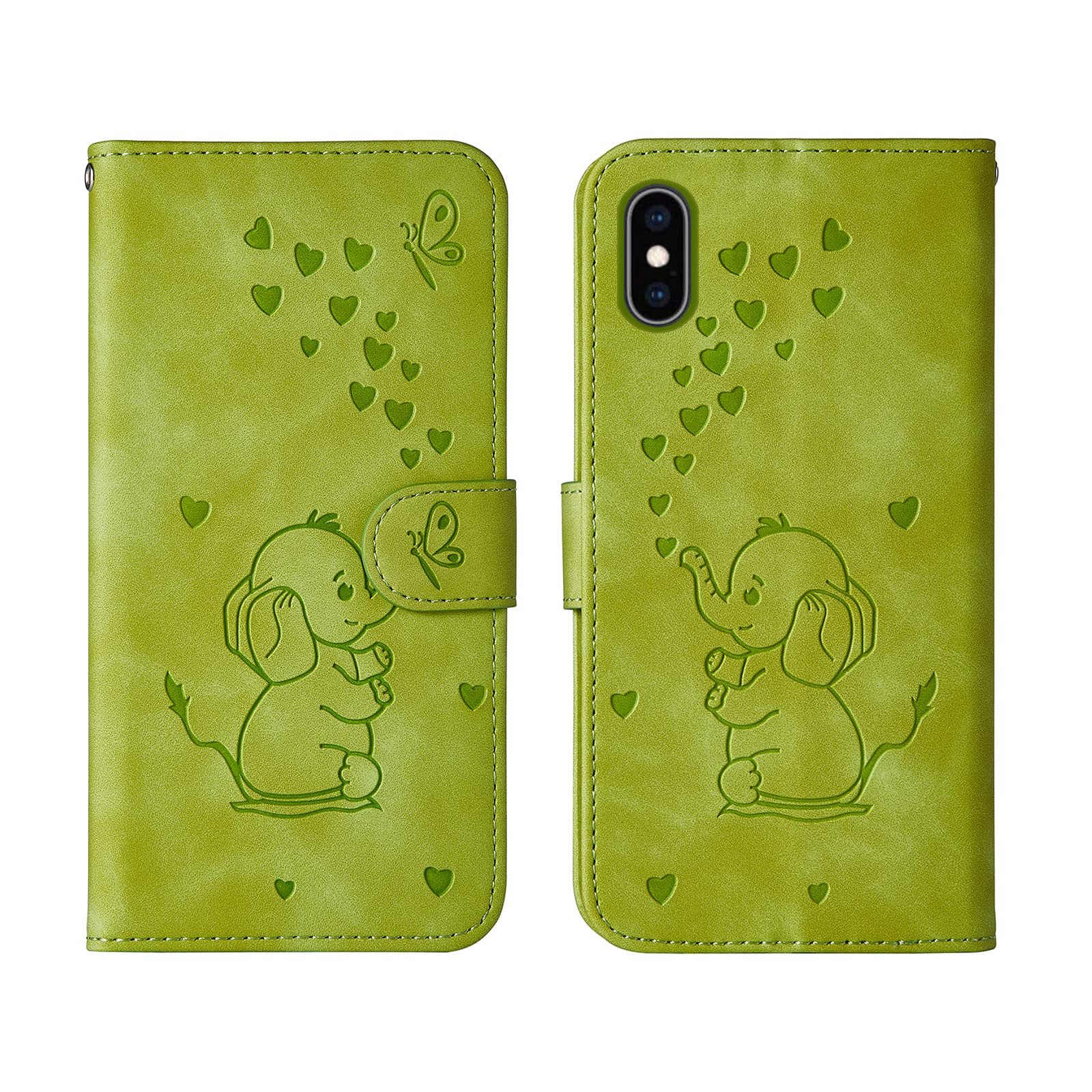 Bartern Flip Case for iPhone X/iPhone XS,Cute Elephant PU Leather Folio Flip Wallet Phone Case Cover with Card Holder Magnetic Closure and Stand Feature for iPhone X/XS,Green