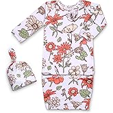 MVUOCR Newborn Baby Girl Sleeper Gown, Soft Breathable Newborn Sleepers with Bottom Fold-Over Pouch & Mittens,Long Sleeve Infant Sleepwear with Hat,Babys Gifts Essential Outfit Orange Flower