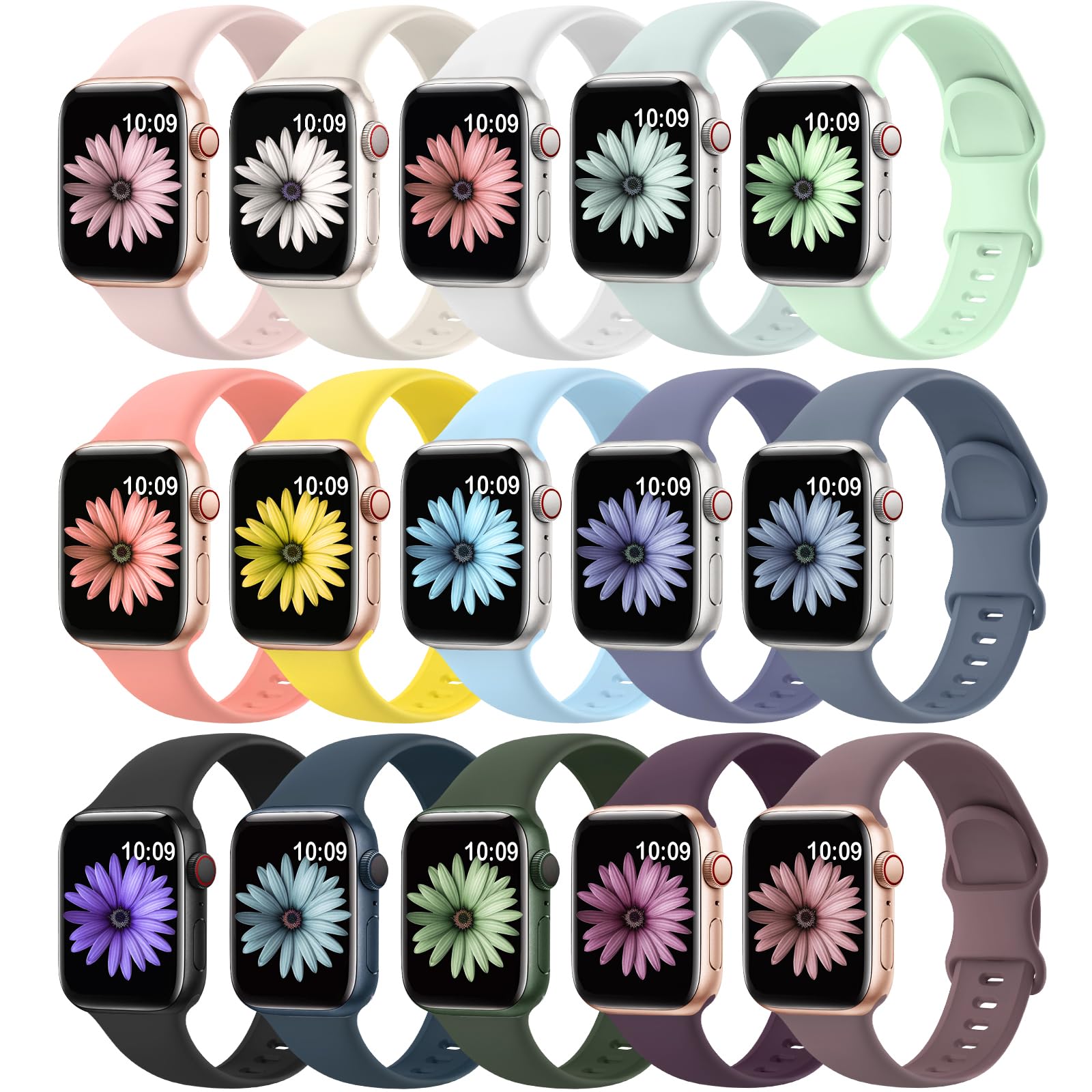 Photo 1 of 15 Pack Soft Silicone Bands Compatible with Apple Watch Band 40mm 41mm 38mm 45mm 44mm 42mm 46mm 49mm for Women Men,Sport iWatch bands Replacement Strap Wristbands for iWatch SE Series 10 9 8 7 6 5 4 3