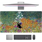 Desk Pad Cute Black Cat Oil Painting Art Floret Desk Mat Office Desk Decor Large Mouse Pad Gaming, XL Mousepad Women Office Desk Decor Laptop Keyboard Mouse Pads with Stitched Edges Mat 31.5x15.7 in