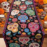 OHOME Dia De Los Muertos Decorations - Sugar Skulls Table Runner | Day of The Dead Catrinas Ofrenda Table Decorations Supplies Backdrop for Mexican Altar De Muertos Indoor Outdoor