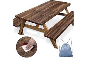 Britown Picnic Table Cover with Bench Covers Elastic Edges, Brown Wood Fitted Table Cover, Outdoor Patio Camping Essentials 72 Inch 3PCS, Waterproof Camping Fitted Tablecloth with Drawstring Bag