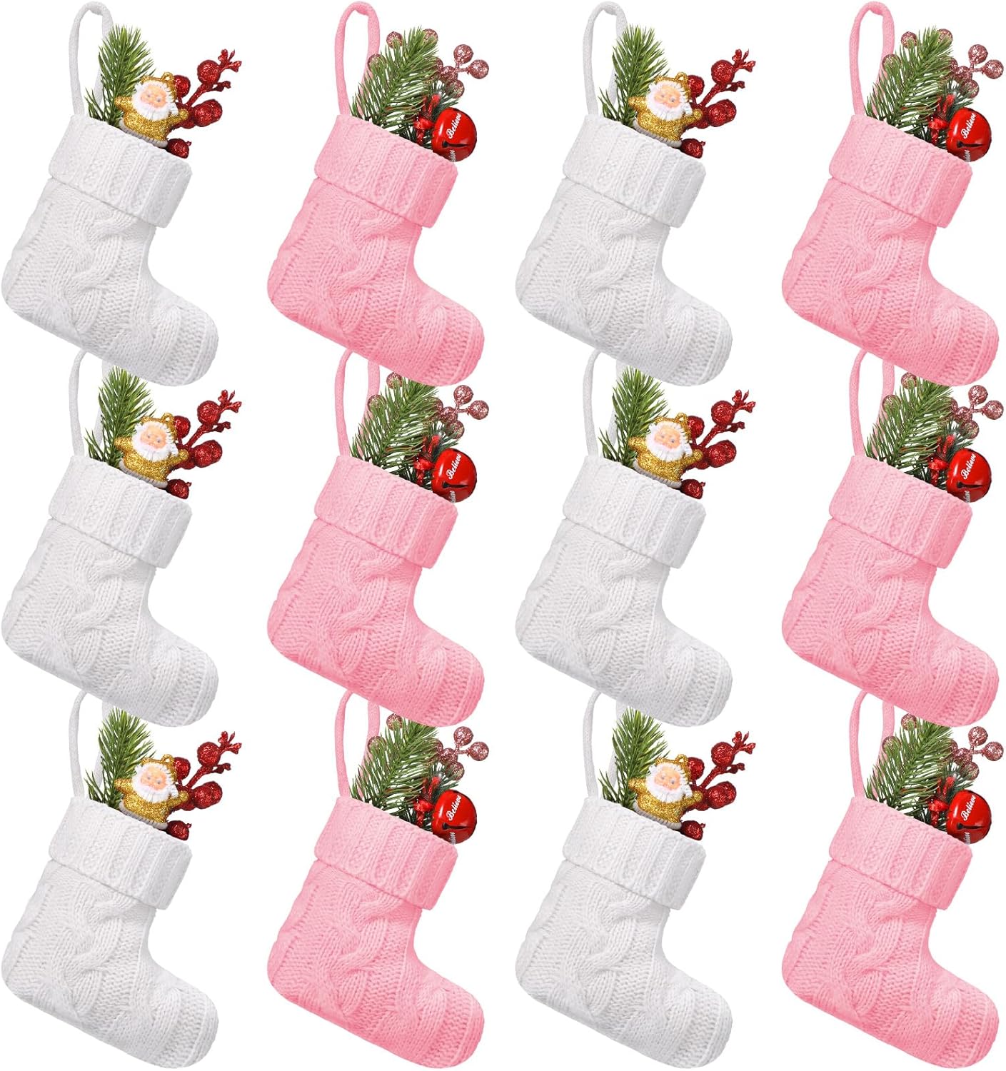 Stockings & Holders - 12 Pcs Christmas Mini Stockings Knitted Xmas Classic Stocking Small Christmas Fireplace Stockings Holiday Hanging Decorations Stockings for Holiday Party Favor (White, Pink)