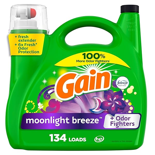 GAIN LIQUID LAUNDRY DETERGENT, MOONLIGHT BREEZE SCENT, 194 FL OZ, 134 LOADS, FRESHNESS + ODOR FIGHTING, HIGH EFFICIENCY WASHING MACHINE LIQUID CLEANING SOAP