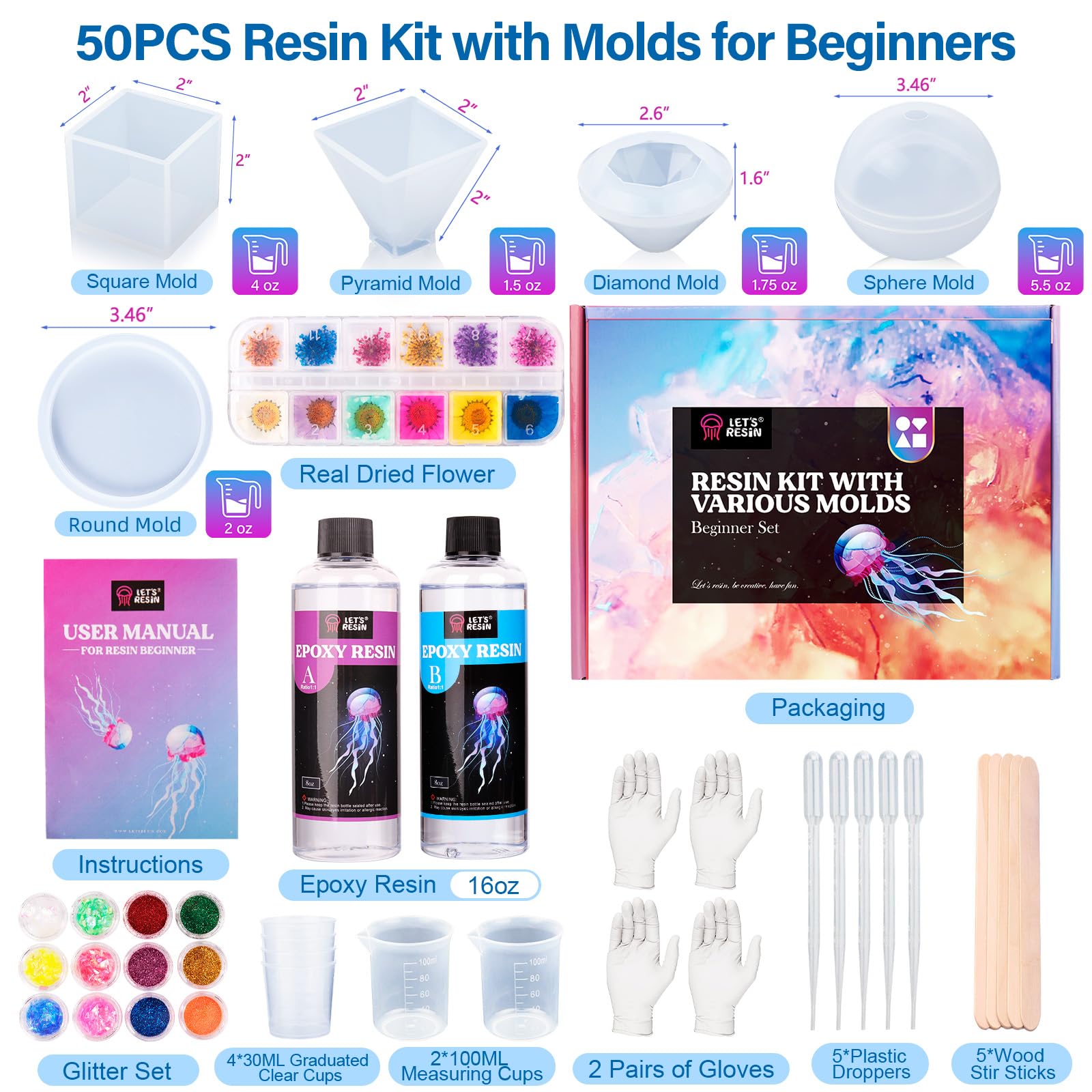 LET'S RESIN Epoxy Resin Kits and Molds Complete Set, 16oz Resin Art Kit with Silicone Molds, Pigment, Dried Flowers, Crafts for Adults, Beginners, Art Supplies for DIY Lovers, DIY Gift for Women